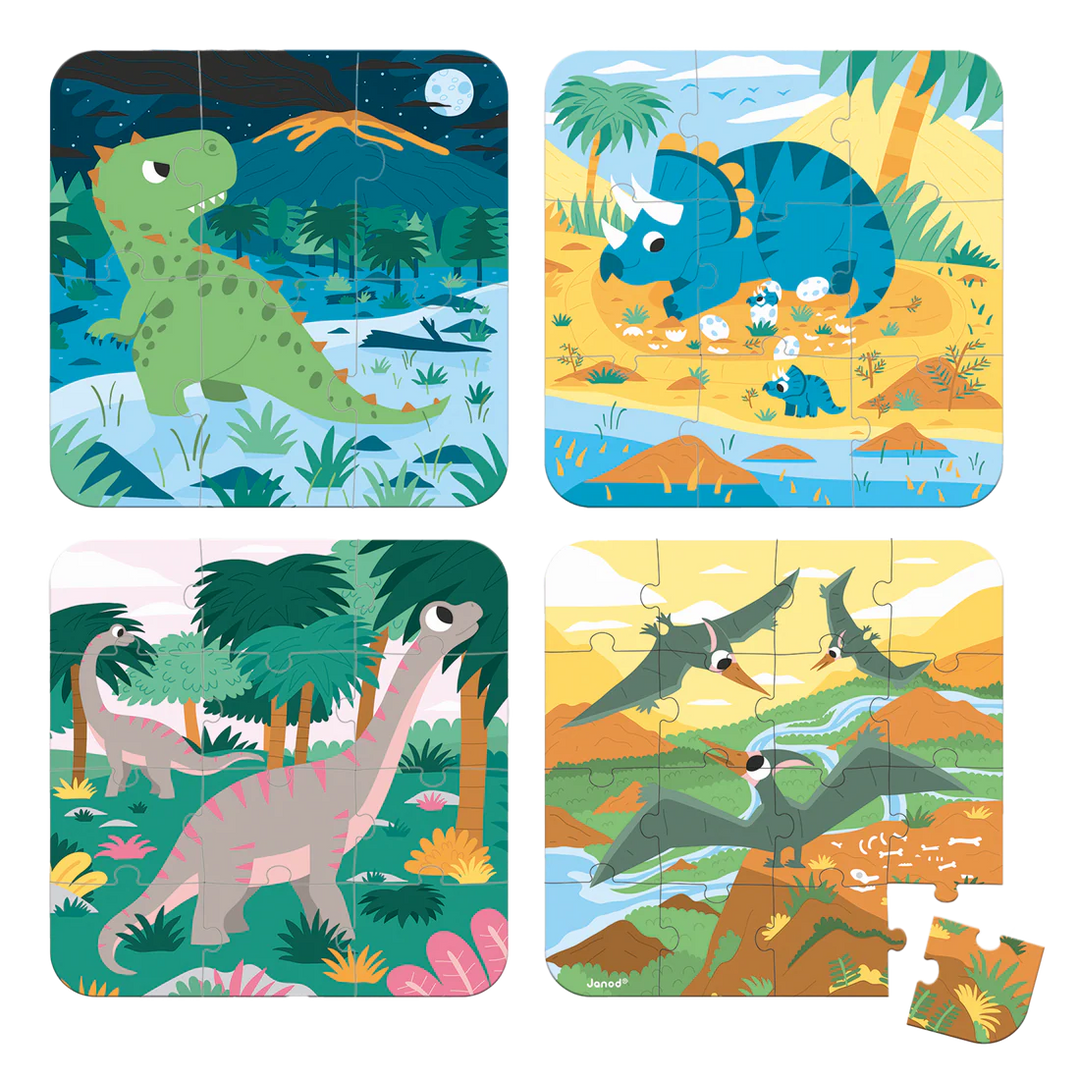 Janod 4 in 1 Progressive Puzzle, Dinosuar