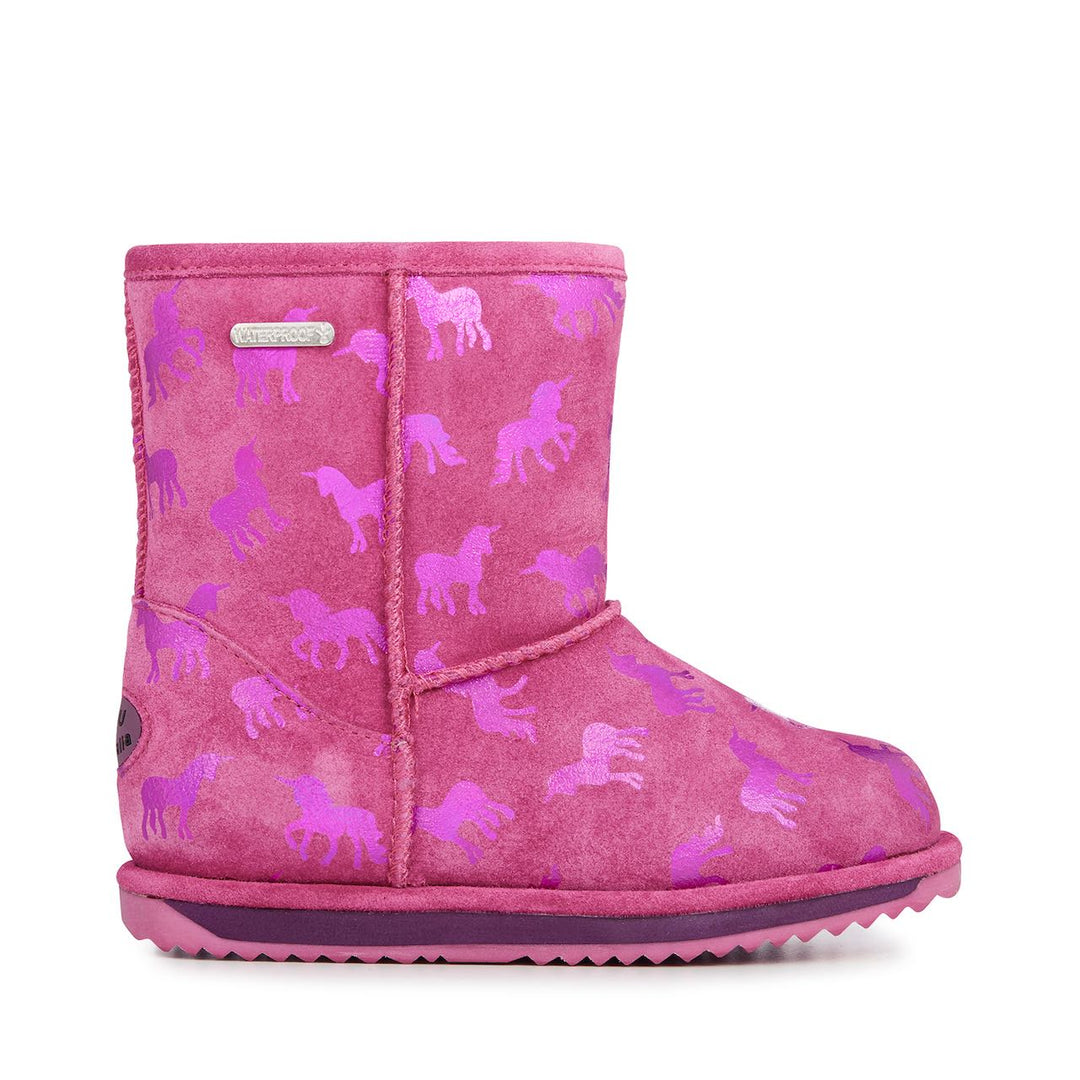 Side Profile of the Rainbow Unicorn Brumby Pink Snow Boots