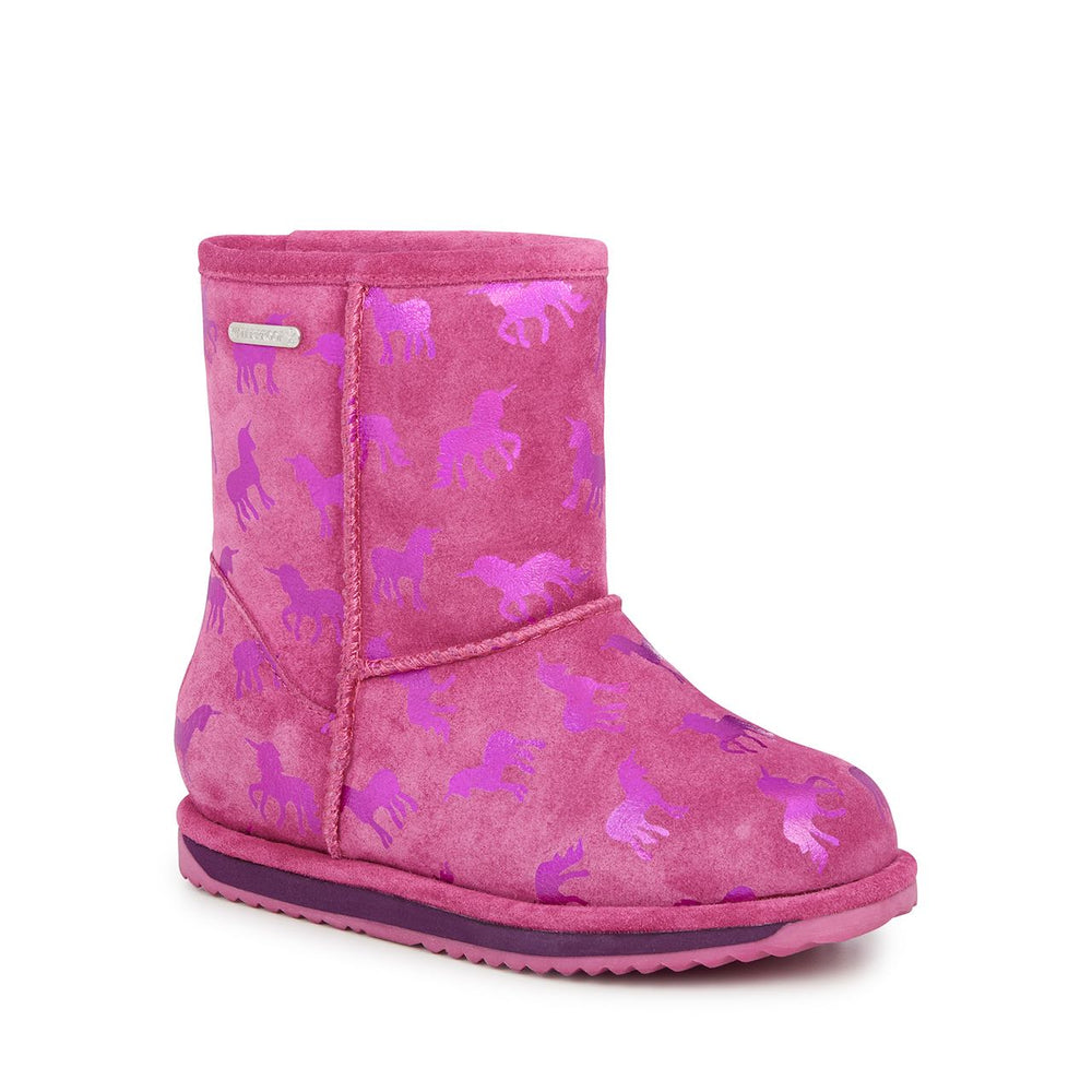 Side profile Pink Winter Boots: Elevate your girl's winter style with the enchantment of the Rainbow Unicorn Brumby, featuring an all-over high shine foil unicorn print.