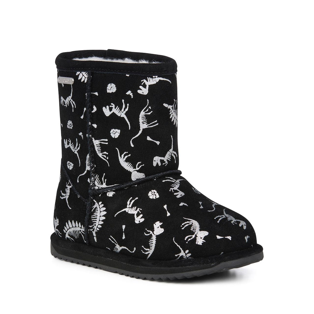 Side view of a childrens winter boot with reflective dinosaurs. black boot with a white wool inner