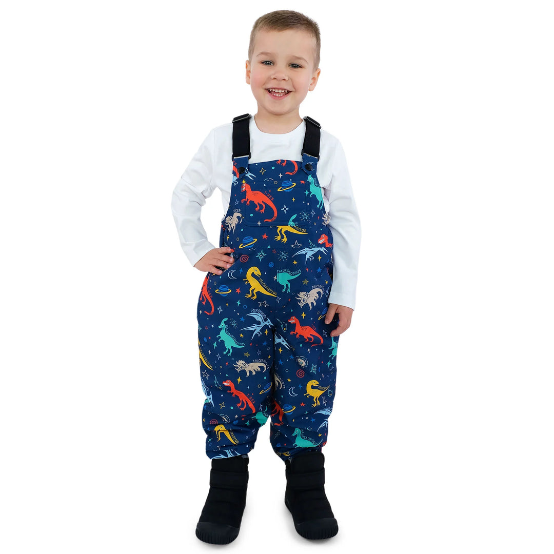 Kids Fleece Lined Rain Overalls | Space Dino