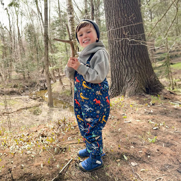 Kids Fleece Lined Rain Overalls | Space Dino