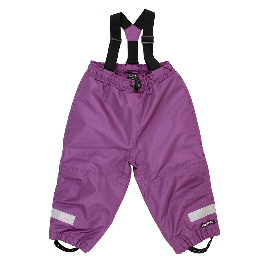 Purple Snowpants for kids front viewe with black suspenders and visibilty stirpes