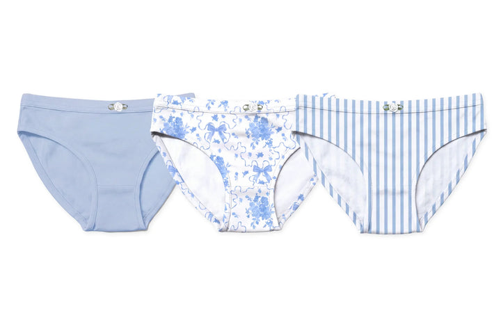 Limeapple Girls Underwear 3 Piece Set - Light Blue, Blue Posies & Blue Stripes Girls Underwear 3 Piece Set