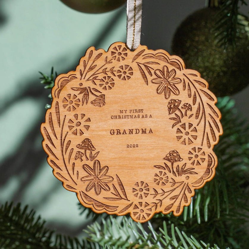 My First Christmas As A Grandma Wreath Wood Ornament | No Date - Nest and Sprout - Hereafter