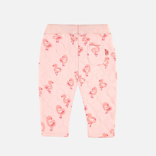 Pink pants in quilted jersey with flamingo all over print