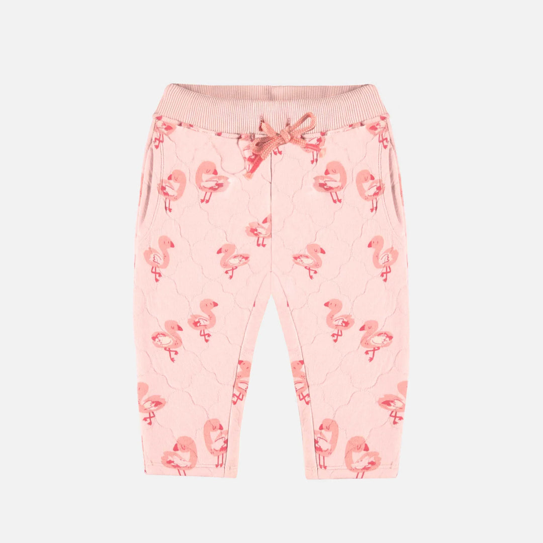 Pink pants in quilted jersey with flamingo all over print