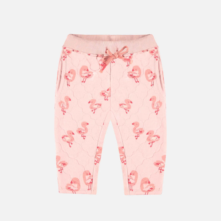 Pink pants in quilted jersey with flamingo all over print