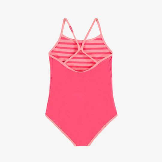 Pink one piece swimsuit reversible with stripes, child