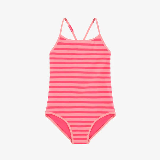 Pink one piece swimsuit reversible with stripes, child