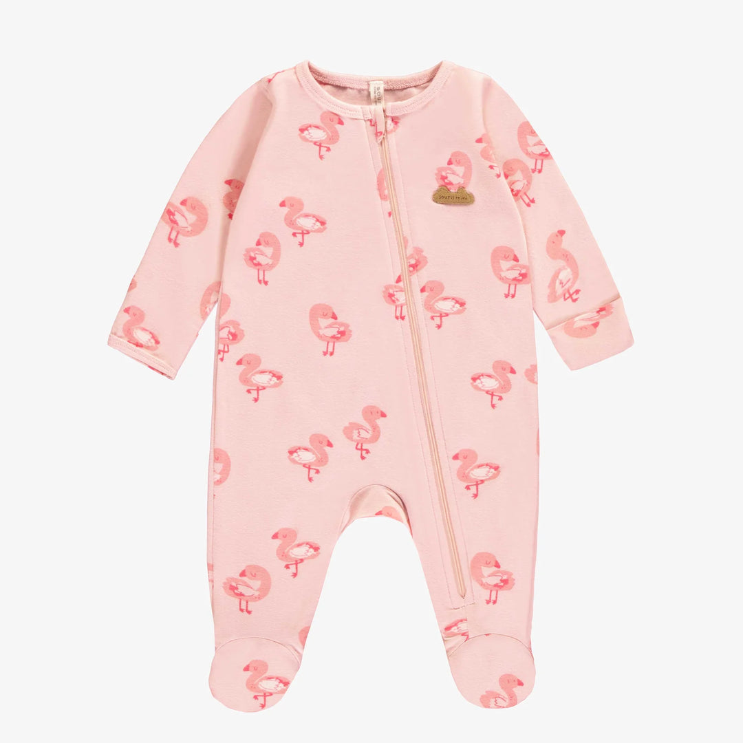 Pink one piece pajamas in stretch jersey with flamingo all over print