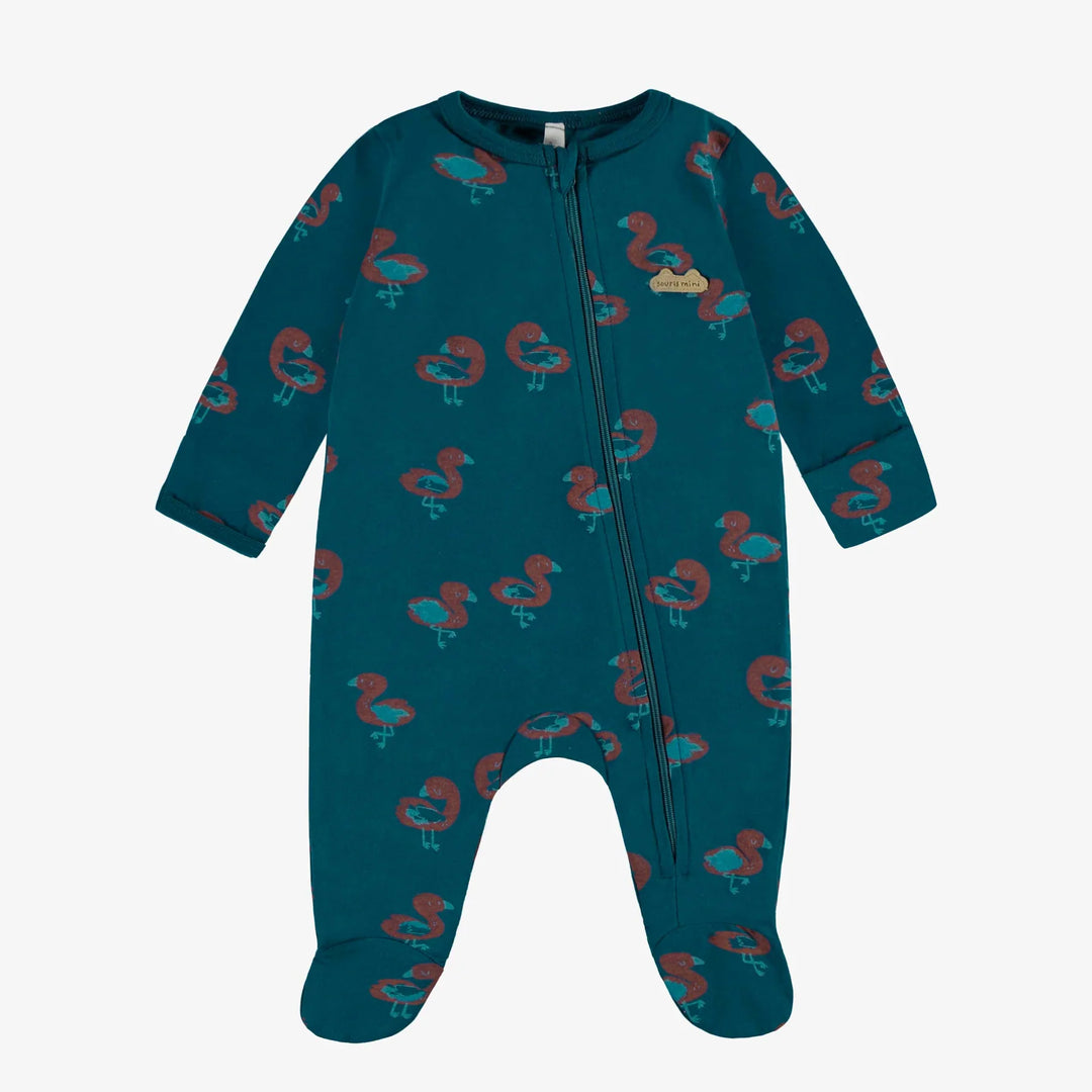 Turquoise one-piece pajamas in stretch jersey with flamingo all over print