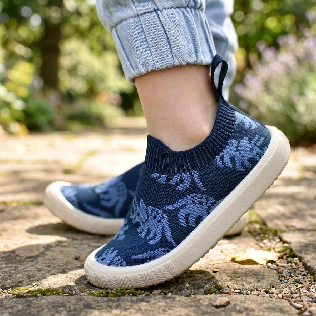 Jan & Jul Knit Shoes – Navy Triceratops - Nest and Sprout-Jan & Jul