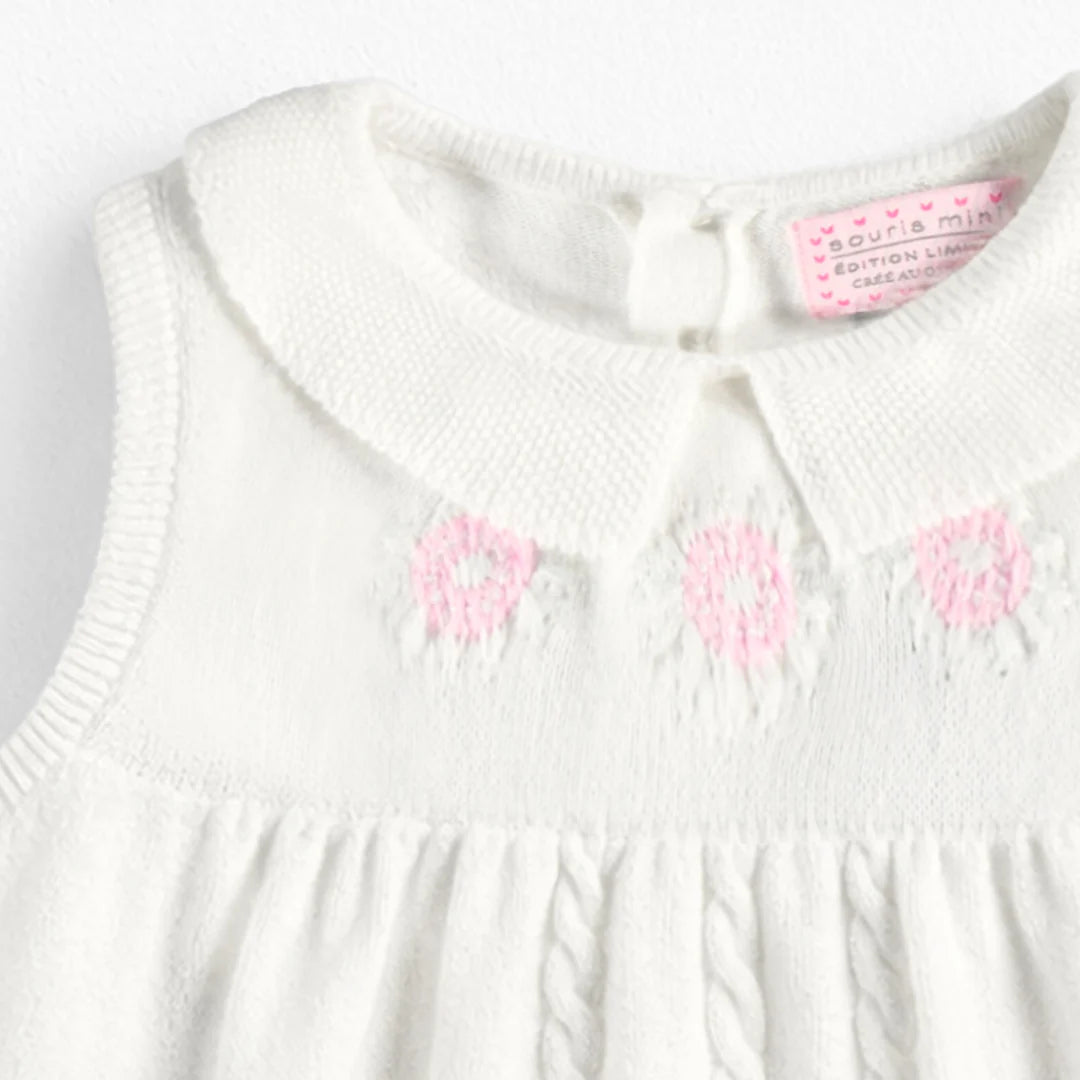 Souris Mini White Knitted Dress with Floral Embroidery - Nest and Sprout - Souris Mini