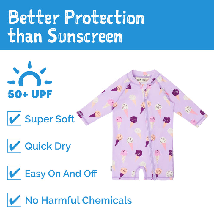 Better than sun protection graphic featuring Jan & Jul UV Jumpsuit | Lavendar Ice Cream