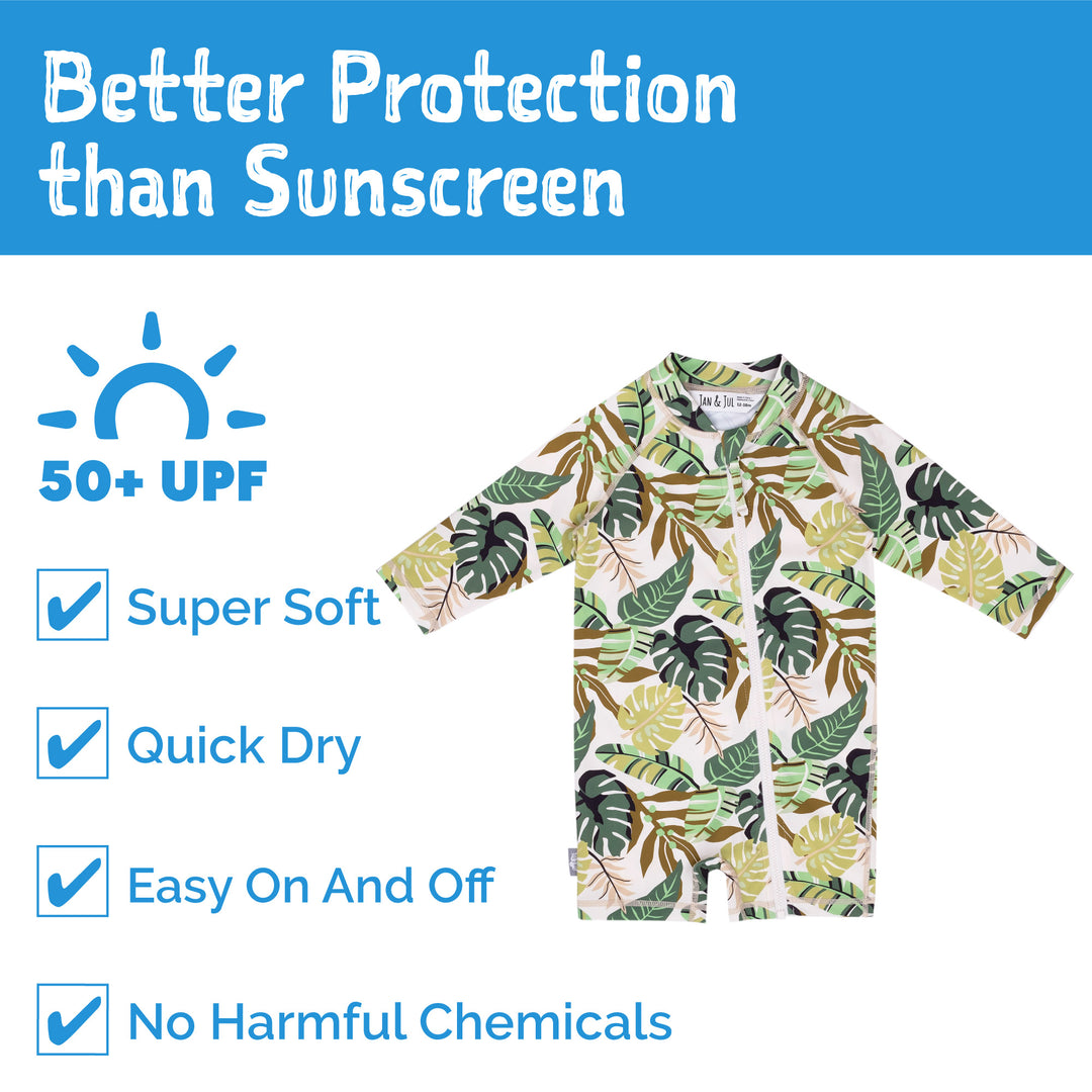 graphic featuring Jan & Jul UV Jumpsuit | Green Tropical that says better than sun protection