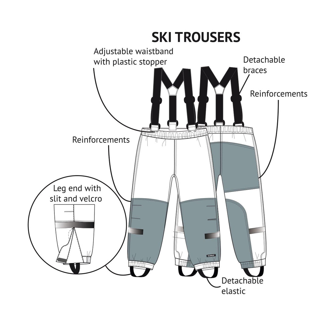 Schematics of the villervalla ski trouser for kids with call outs of the different features .
