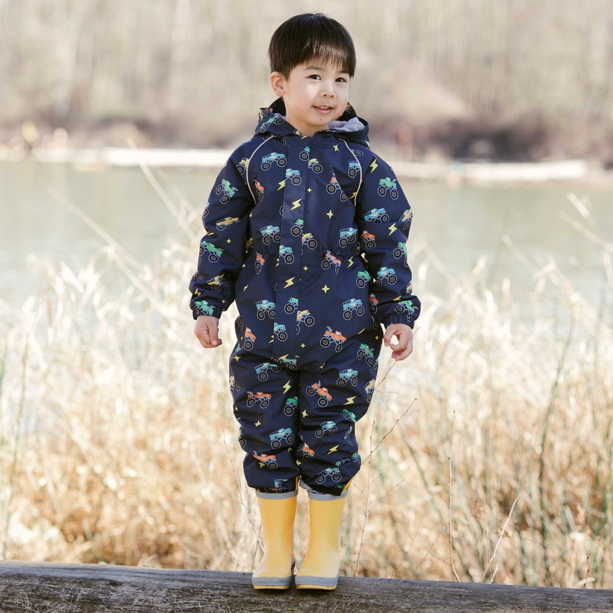 Cozy Dry Fleece Lined Play Suit | Big Trucks - Nest and Sprout - Jan & Jul
