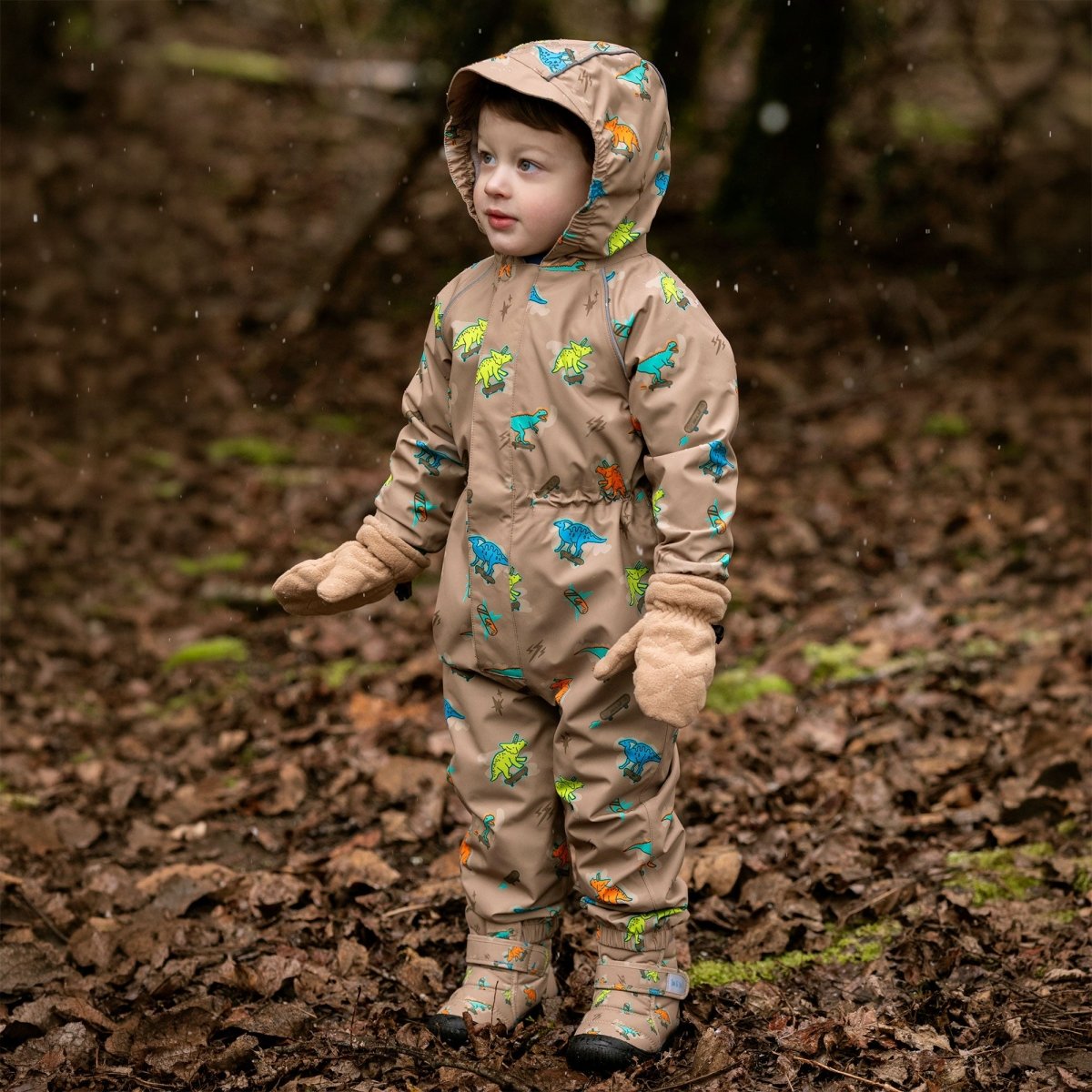 Jan & Jul Cozy-Dry Rain Play Suit (fleece lined) – Skater Dinos - Nest and Sprout-Jan & Jul