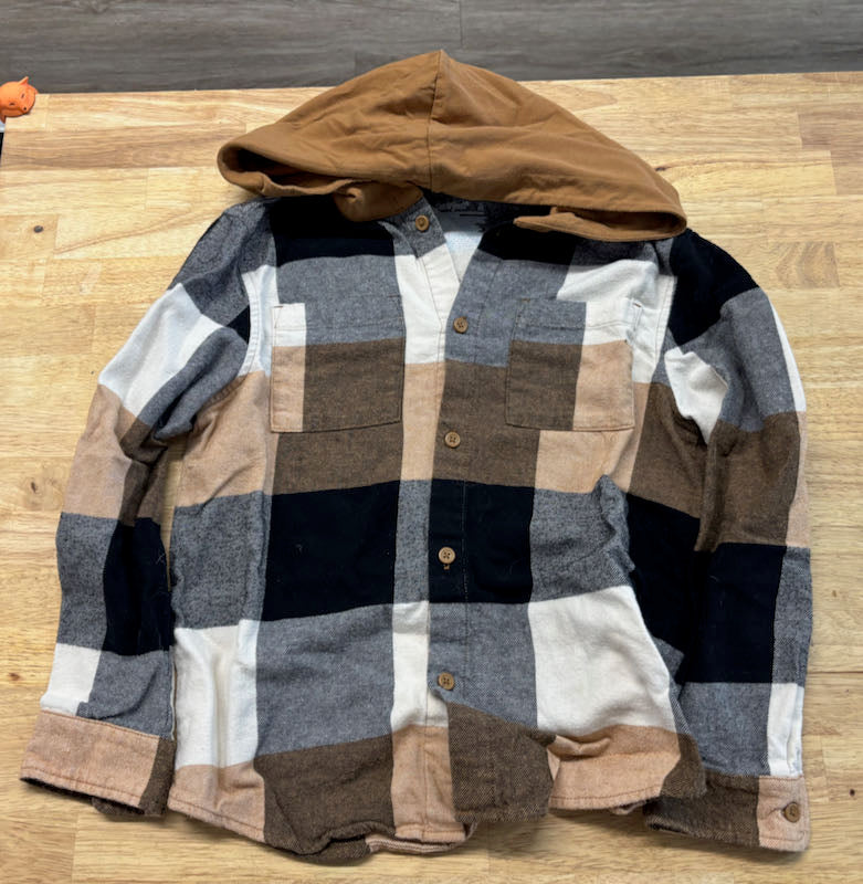 Cat & Jack Brown Blue Cream Hooded Button Shirt | Size 8