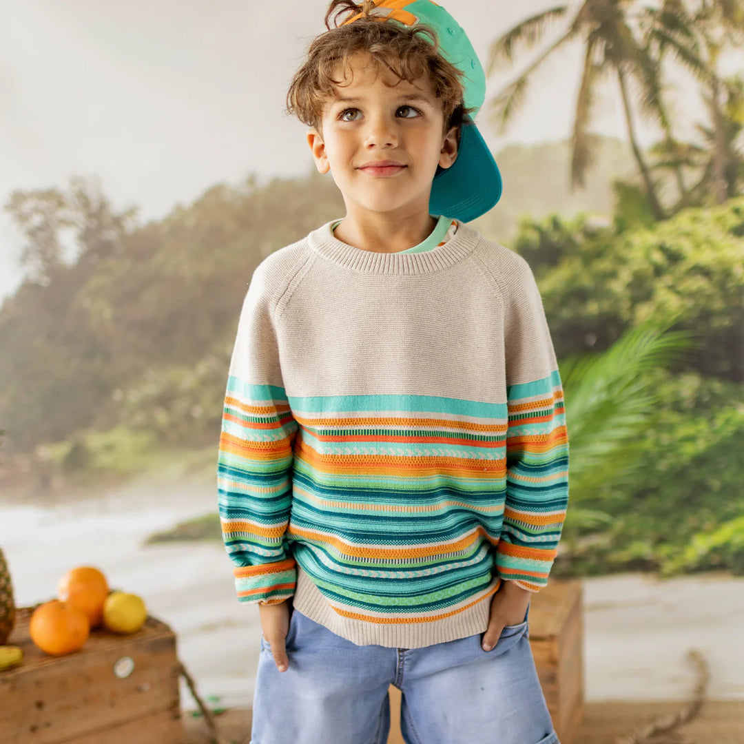 Souris Mini Beige Knit Sweater with Colourful Stripes