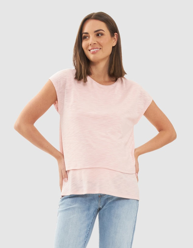Jazmin Nursing/Maternity Tee | Soft Pink Front View on a model with light blue jeans
