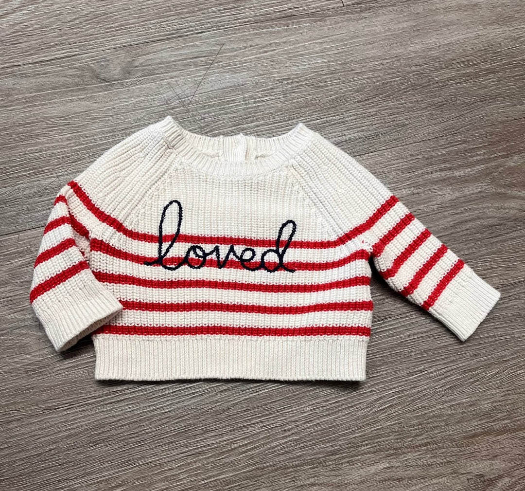 Baby Gap Knit Sweater – 0-3 Months | Red and White Stripe | Love Embroidery - Nest and Sprout-Consignment