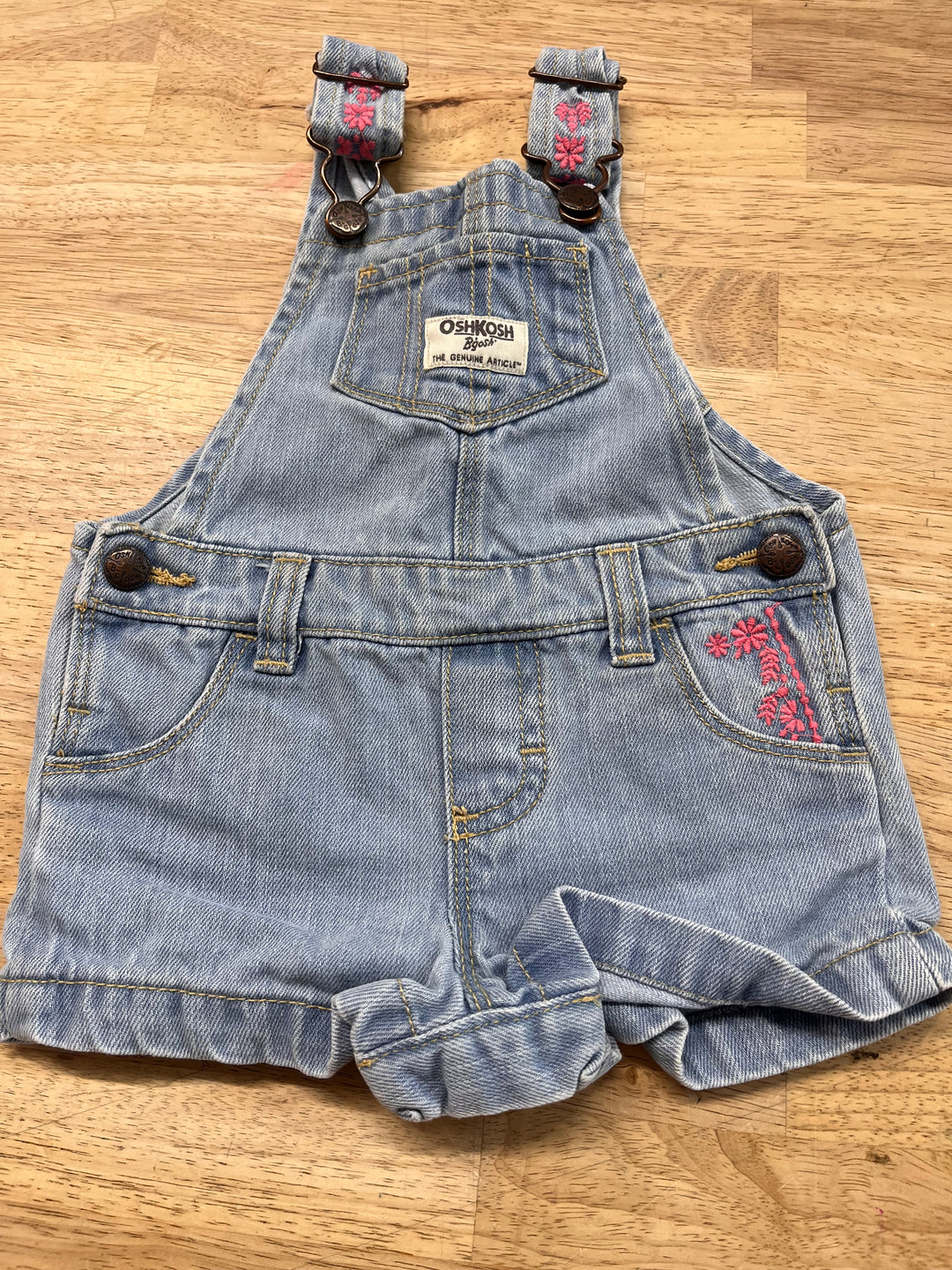 OshKosh Lightweight Short Denim Overalls – 6 Months | Pink Embroidery
