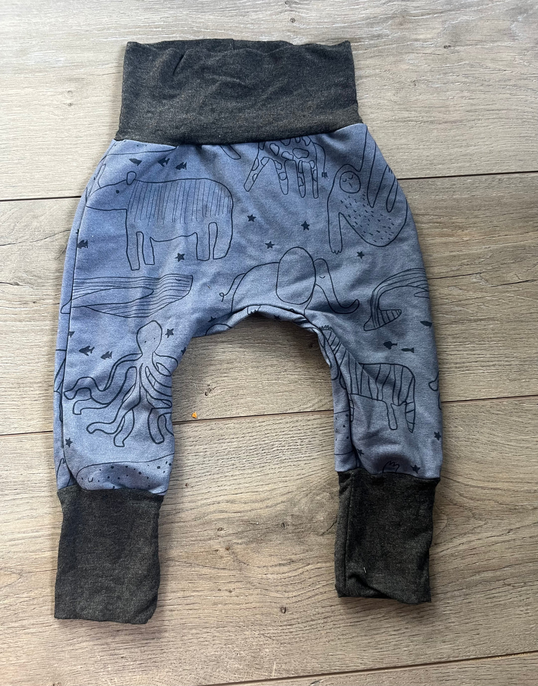 Gro by Zo Grow With Me Pants – 3-12 Months | Navy Blue | Animal Print | Grey Trim