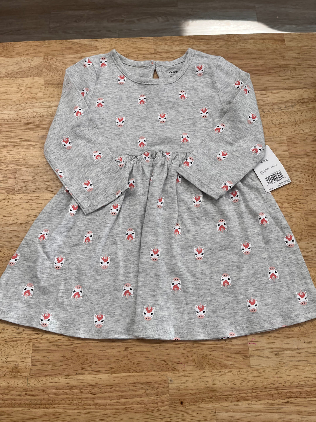 George Unicorn Dress – 18-24 Months | Light Grey | Long Sleeve | NWT