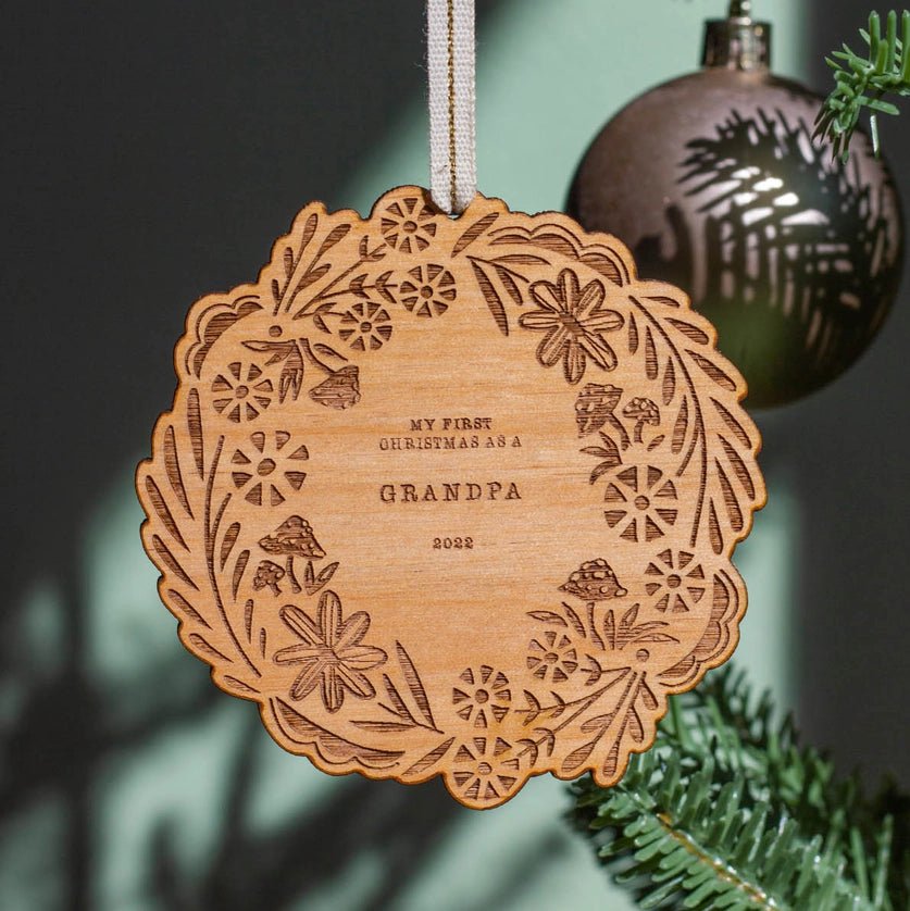 My First Christmas As A Grandpa Wreath Wood Ornament | No Date - Nest and Sprout - Hereafter