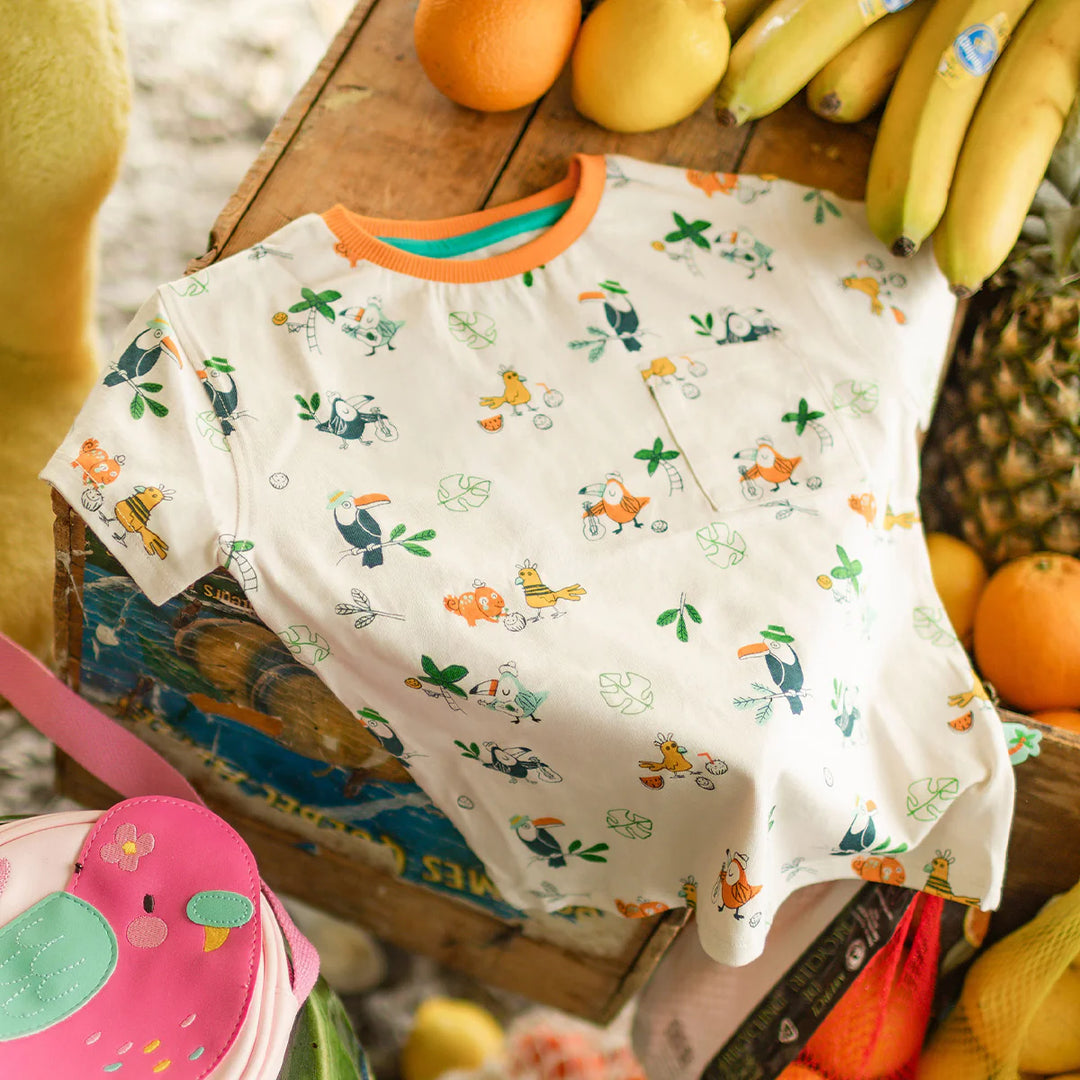 Souris Mini Beige T-Shirt with Tropical Bird Print