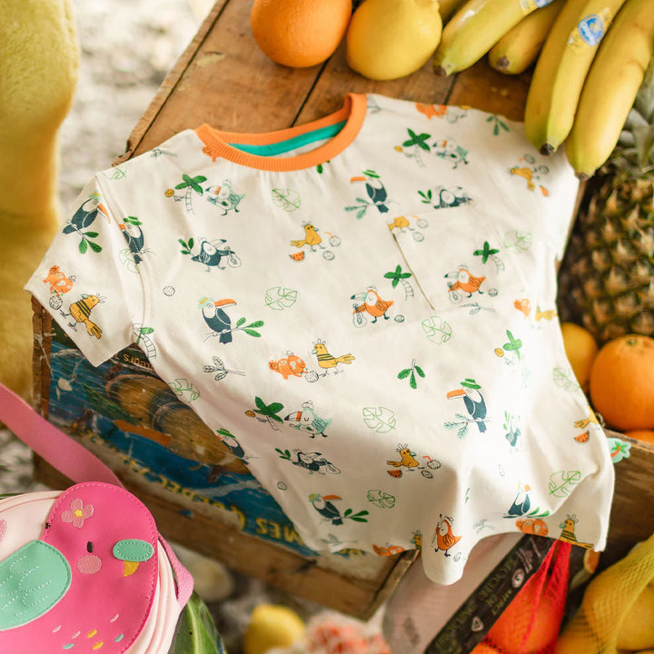Souris Mini Beige T-Shirt with Tropical Bird Print