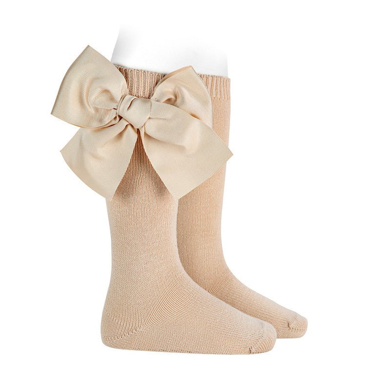 Warm cotton knee - high socks with grosgrain bow | Linen | Size 2 & 6 - Nest and Sprout - Condor
