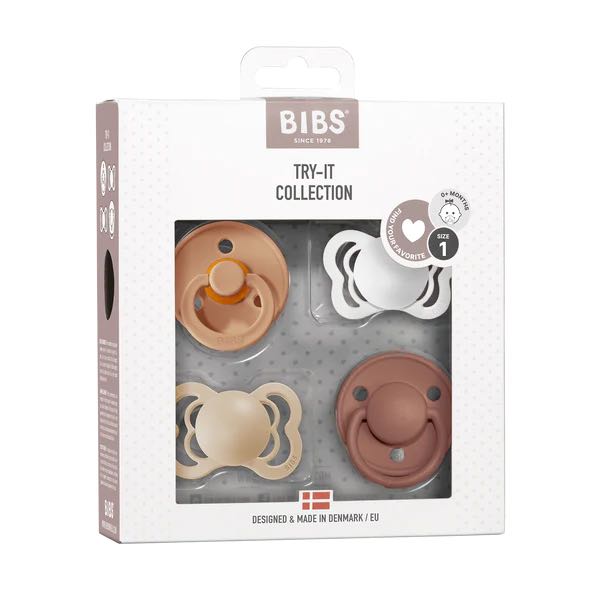 BIBS Try-It Pacifier Collection - 4 Different Soother Styles to Try in Earth Tones with Earth, Haze, Vanilla and Woodchuk