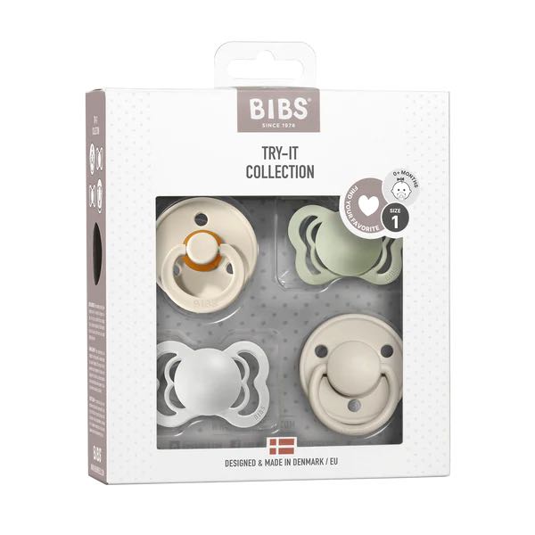 BIBS Try-It Pacifier Collection - 4 Different Soother Styles to Try in neutral tones with ivory, sage, haze and vanilla