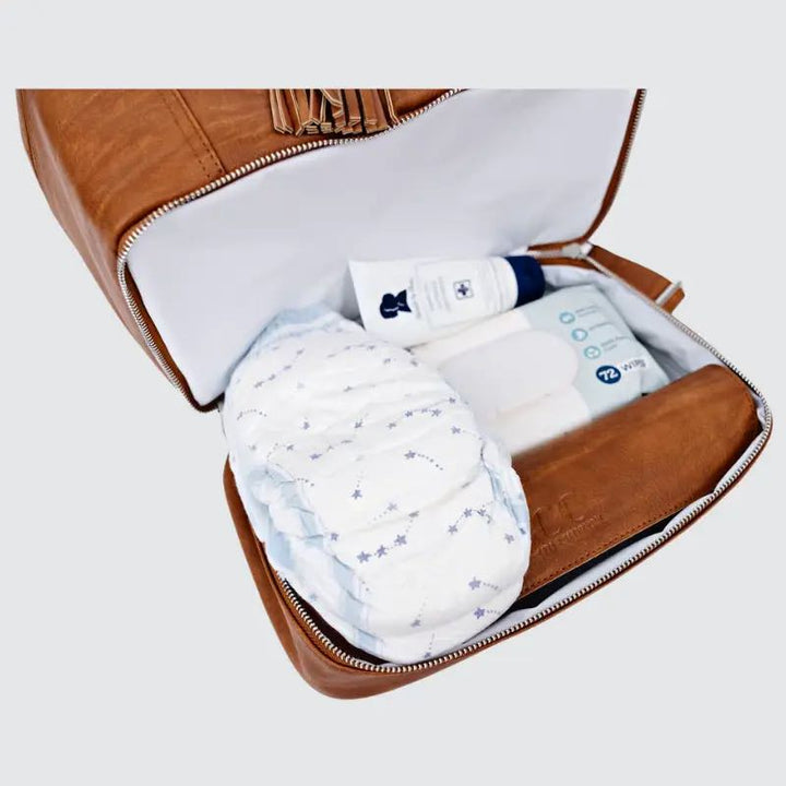 Bottom diaper pouch open on the Citi Journey Diaper Bag | Vintage Tan | Citi Collective