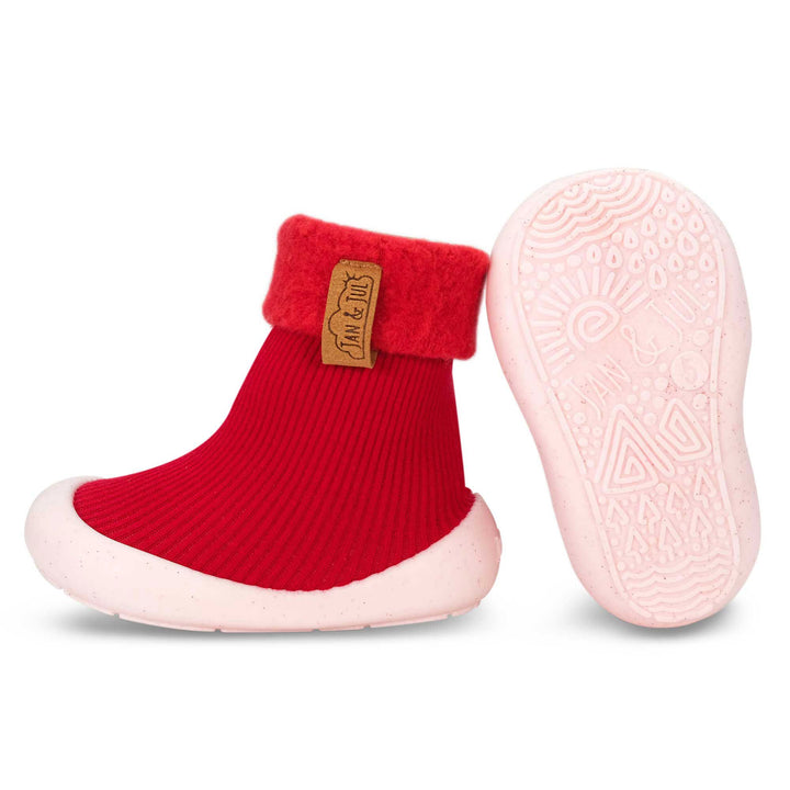 Product photo of the Cozy Sock Shoe | Jan & Jul in red with white soles