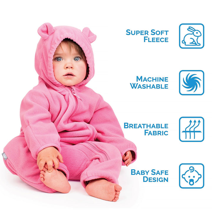 Features of the Jan & Jul Fleece Suit | Baby Outerwear featuring a child in the pink vartiona 