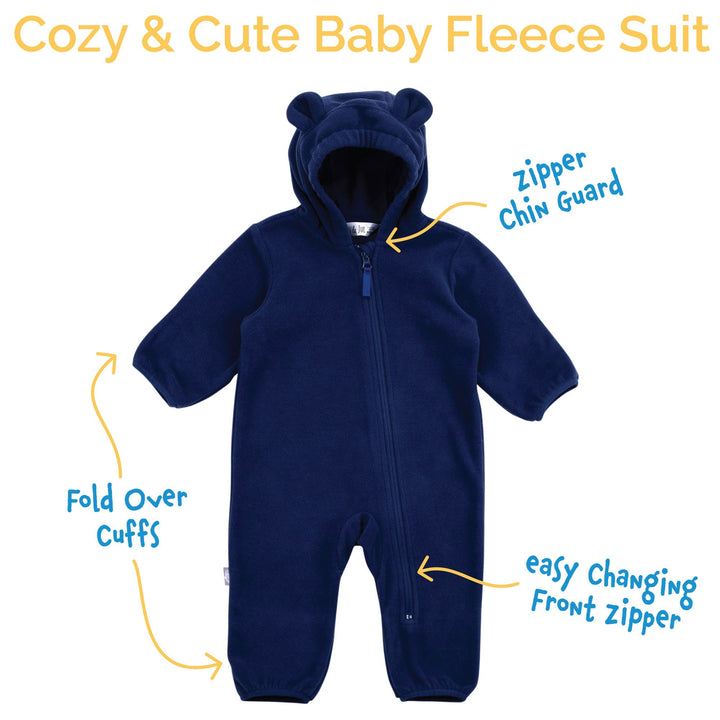 Features of a the Jan & Jul Fleece Suit | Baby Outerwear featuring a flat lay of the navy blue pointing ou the zipper chin guard, easy front zipper and fold over cuffs