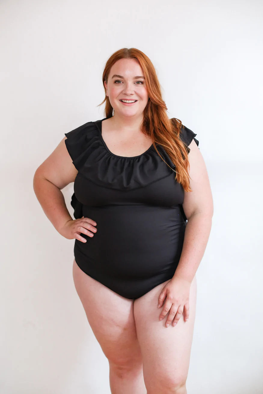 One Piece Ruffle Breastfeeding Swimsuit | Black | Bump Friendly