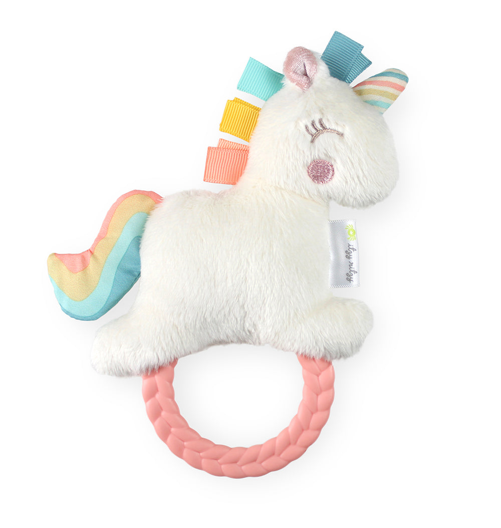 Unicorn with Pink Ring Ritzy Rattle Pal™ | Plush Rattle with Silicone Teething Ring