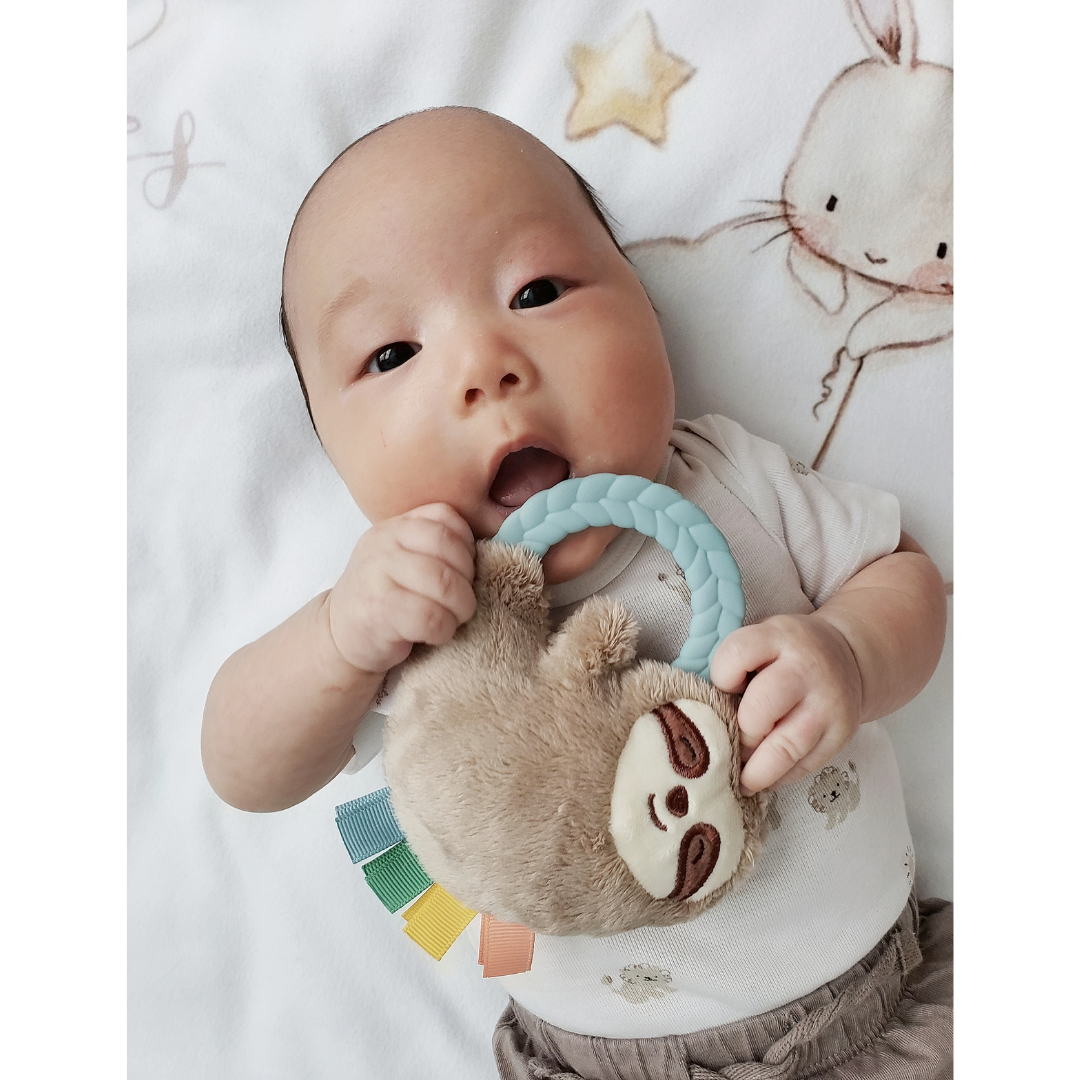 Sloth with infant Ritzy Rattle Pal™ | Plush Rattle with Silicone Teething Ring