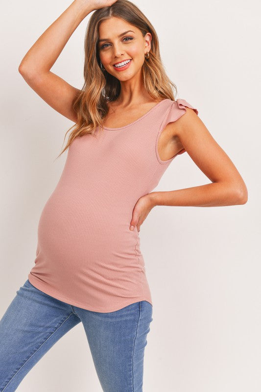 Ruffle Sleeve Ribbed Maternity Tank - Pink | FINAL SALE