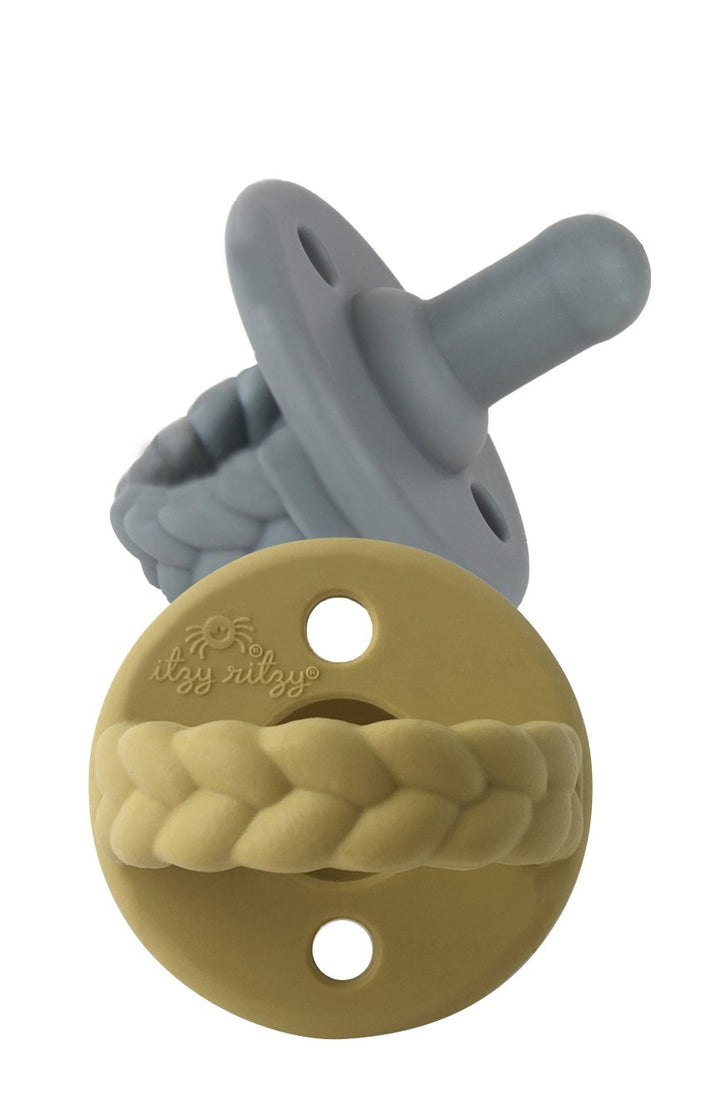 grey and mustard braids Sweetie Soother™ | 2 Pack of Silicone Soothers from Itzy Ritzy