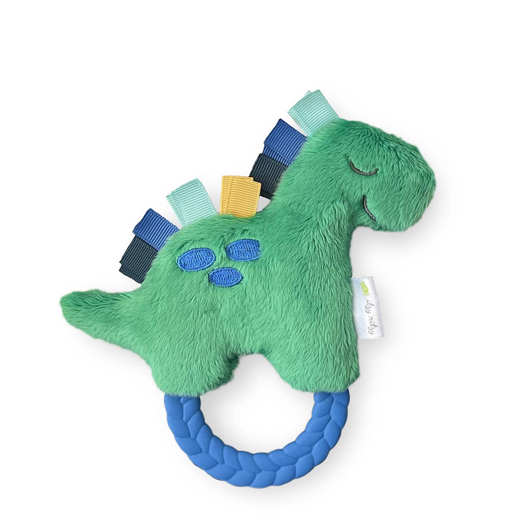 Green Dinosaur with Blue Ring Ritzy Rattle Pal™ | Plush Rattle with Silicone Teething Ring